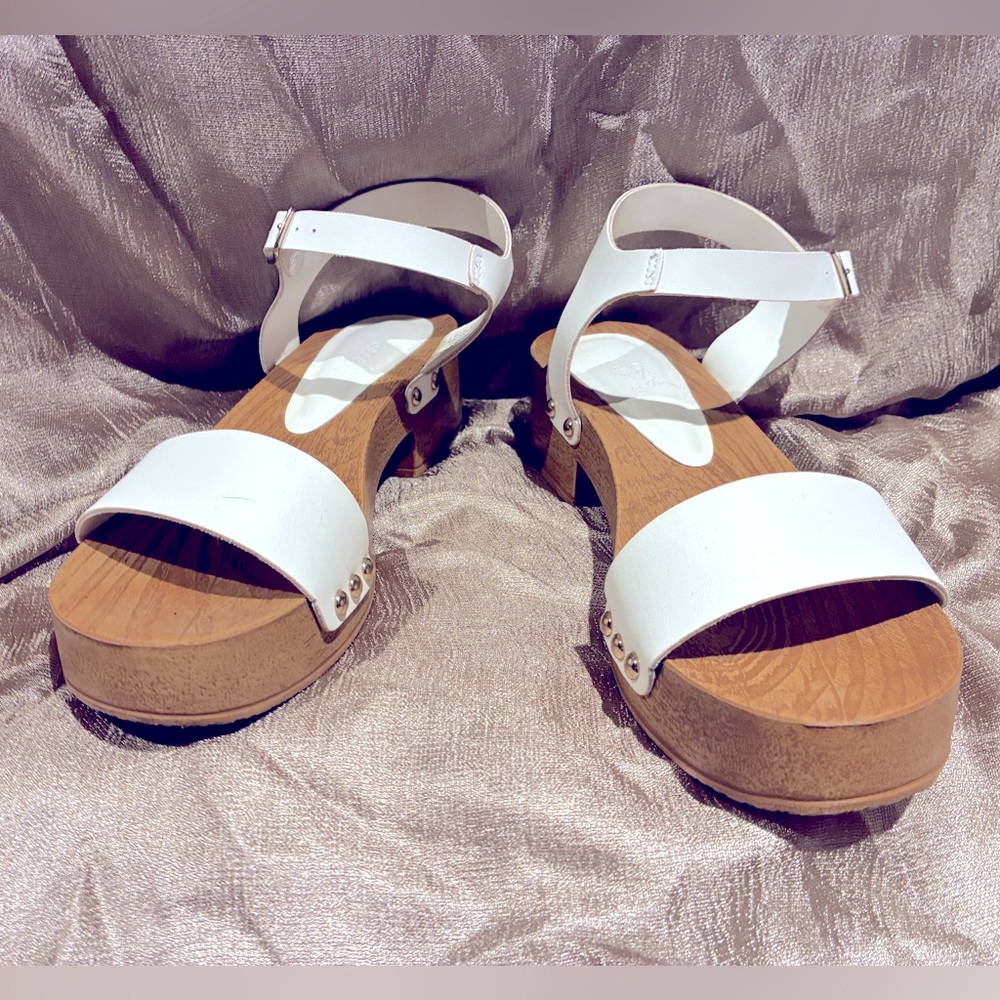 ASOS Mid-Heel Clog Sandals in White, Synthetic Wood Sole, Stud Details, UK3/US5